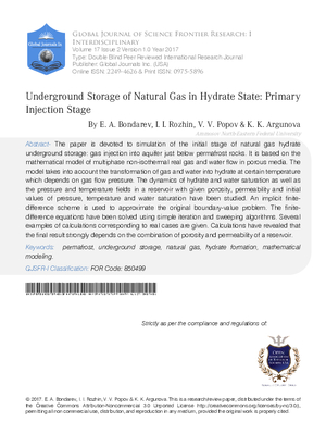 Underground Storage of Natural Gas in Hydrate State: Primary Injection Stage