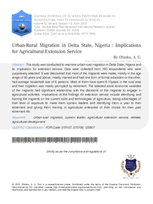 Urban- Rural Migration In Delta State, Nigeria: Implications For Agricultural Extension Service