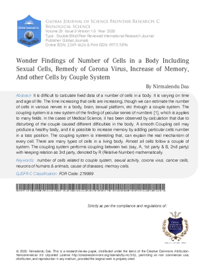 Wonder Findings of Number of Cells in a Body Including Sexual Cells, Remedy of Corona Virus, Increase of Memory, and other Cells by Couple System