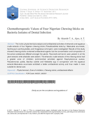 Chemotherapeutic Values of Four Nigerian Chewing Sticks on Bacteria Isolates of Dental Infection