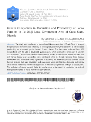 Gender Comparison In Production And Productivity Of Cocoa Farmers In Ile Oluji Local Government Area Of Ondo State, Nigeria