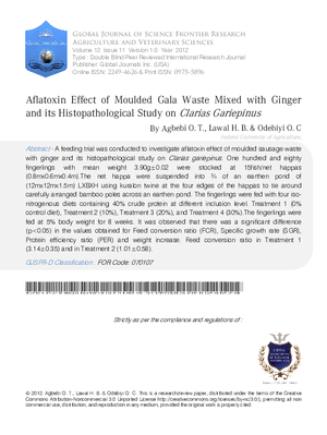 Aflatoxin Effect of Moulded Gala Waste Mixed with Ginger and Its Histopathological Study on Clarias Gariepinus.