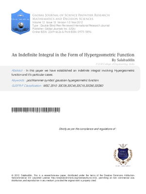 An Indefinite Integral in the Form of Hypergeometric Function