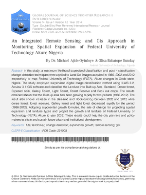 An Integrated Remote Sensing and GIS Approach in Monitoring Spatial Expansion of Federal University of Technology Akure Nigeria