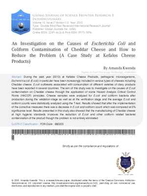 An Investigation on the Causes of Escherichia Coli and Coliform Contamination of Cheddar Cheese and How to Reduce the Problem (A Case Study at Kefalos Cheese Products)