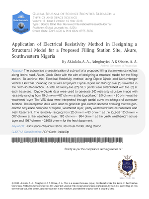 Application of Electrical Resistivity Method in Designing a Structural Model for a Proposed Filling Station Site, Akure, Southwestern Nigeria
