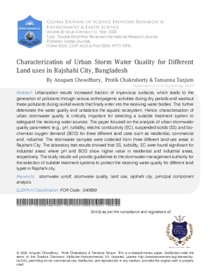 Characterization of Urban Stormwater Quality for Different Land uses in Rajshahi City, Bangladesh