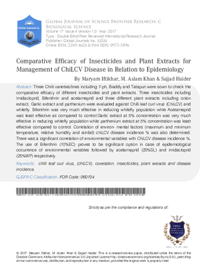 Comparative Efficacy of Insecticides and Plant Extracts For Management of Chilcv Disease In Relation to Epidemiology