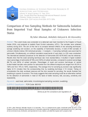 Comparison of Two Sampling Methods for Salmonella Isolation from Imported Veal Meat Samples of Unknown Infection Status
