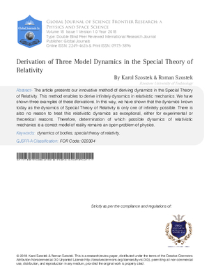 Derivation of Three Model Dynamics in the Special Theory of Relativity
