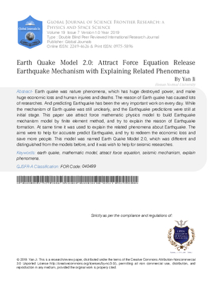Earth Quake Model 2.0 : Attract Force Equation Release Earthquake Mechanism with Explaining Related Phenomena