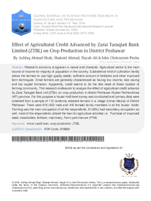 Effect of Agricultural Credit Advanced by Zarai Taraqiati Bank Limited (ZTBL) on Crop Production in District Peshawar