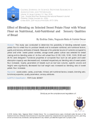 Effect of Blending on Selected Sweet Potato Flour with Wheat Flour on Nutritional, Anti-Nutritional and Sensory Qualities Of Bread