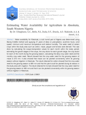 Estimating Water Availability for Agriculture in Abeokuta, South Western Nigeria