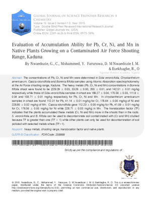 Evaluation of Accumulation ability for Pb, Cr, Ni, and Mn in Native Plants Growing on a Contaminated Air Force Shooting Range, Kaduna