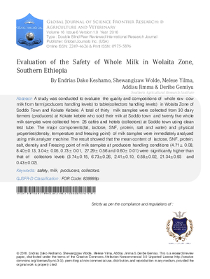 Evaluation of the Safety of Whole Milk in Wolaita Zone, Southern Ethiopia