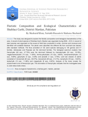 Floristic Composition and Ecological Characteristics of Shahbaz Garhi, District Mardan, Pakistan