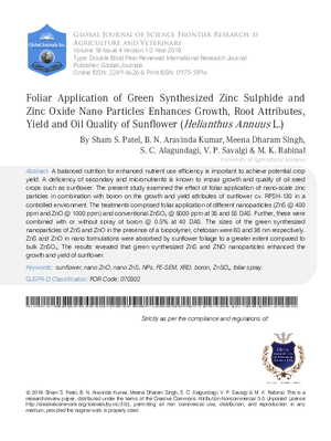 Foliar Application of Green Synthesized Zinc Sulphide and Zinc Oxide Nano Particles Enhances Growth, Root Attributes, Yield and Oil Quality of Sunflower (Helianthus annuus L.)