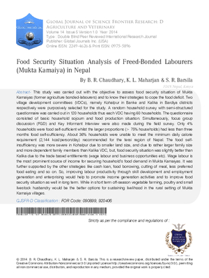 Food Security Situation Analysis of Freed-Bonded Labourers (Mukta Kamaiya) in Nepal