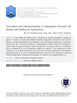 Generation and Characterization of Atmospheric Pressure Air Plasma and Finding its Applications