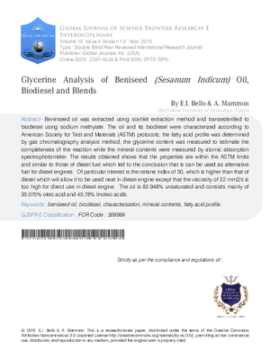 Glycerine Analysis of Beniseed (Sesanum indicum) Oil, Biodiesel and Blends