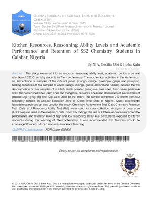 Kitchen Resources, Reasonning Ability Levels and Academic Performance and Retention of SS2 Chemistry Students in Calabar, Nigeria