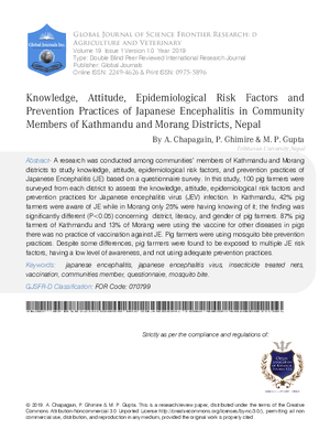 Knowledge, Attitude, Epidemiological Risk Factors and Prevention Practices of Japanese Encephalitis in Community Members of Kathmandu and Morang Districts, Nepal