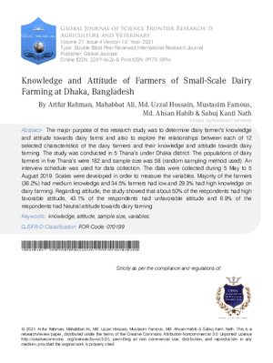 Knowledge and Attitude of Farmers of Small-Scale Dairy Farming at Dhaka, Bangladesh