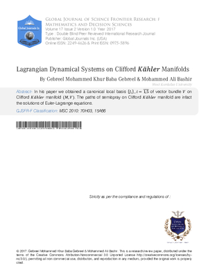 Lagrangian Dynamical Systems on Clifford Ka Ihler Manifolds