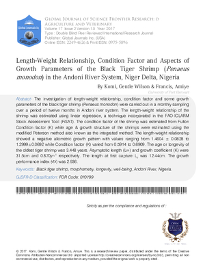 Length-Weight Relationship, Condition Factor and Aspects of Growth Parameters of the Black Tiger Shrimp (Penaeus Monodon) in the Andoni River System, Niger Delta, Nigeria