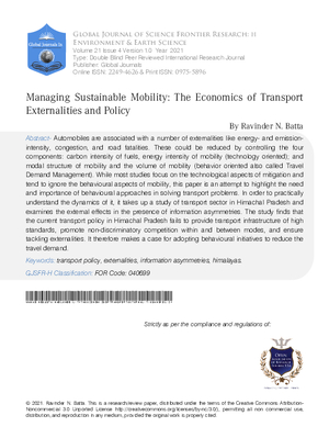 Managing Sustainable Mobility: The Economics of Transport Externalities and Policy