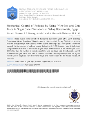 Mechanical Control of Rodents by using Wire- Box and Glue Traps in Sugar Cane Plantations at Sohag Governorate, Egypt