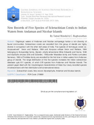 New Records of Five Species of Scleractinian Corals to Indian Waters from Andaman and Nicobar Islands