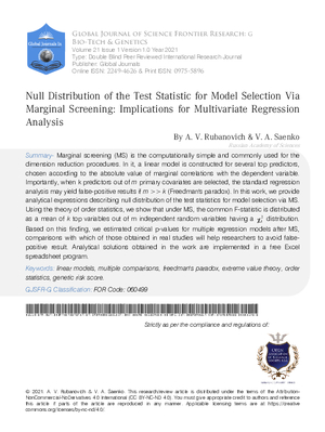 Null Distribution of the Test Statistic for Model Selection via Marginal Screening: Implications for Multivariate Regression Analysis