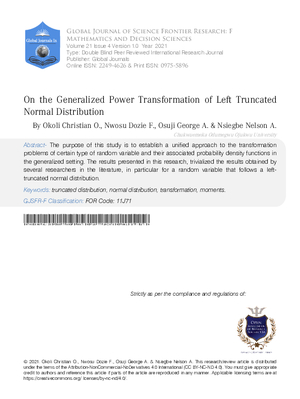 On the Generalized Power Transformation of left Truncated Normal Distribution