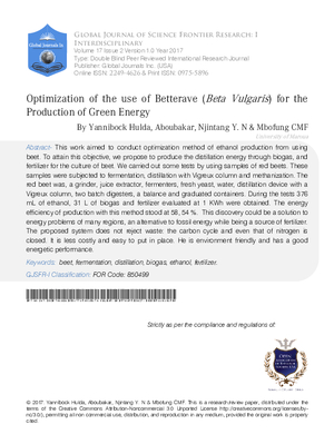 Optimization of the use of Betterave (Beta Vulgaris) for the Production of Green Energy