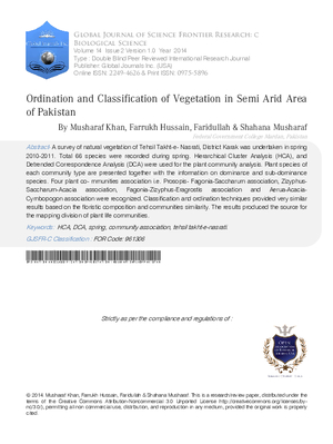 Ordination and Classification of Vegetation in Semi Arid Area of Pakistan