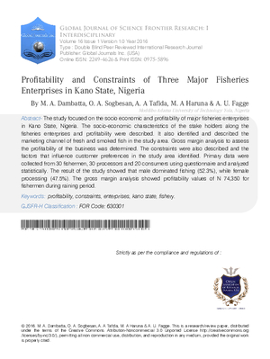 Profitability and Constraints of Three Major Fisheries Enterprises in Kano State, Nigeria