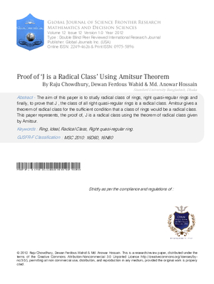 Proof of J is a Radical Class Using Amitsur Theorem
