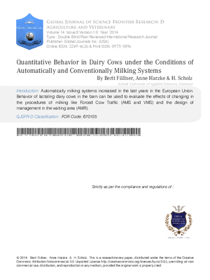 Quantitative Behavior in Dairy Cows under the Conditions of Automatically and Conventionally Milking Systems