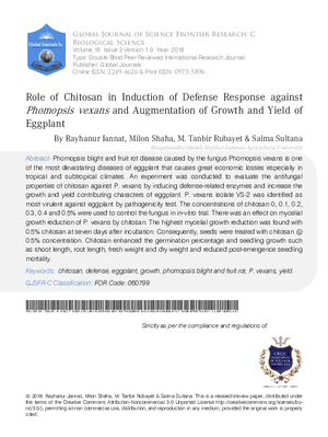 Role of Chitosan in Induction of Defense Response against Phomopsis Vexans and Augmentation of Growth and Yield of Eggplant