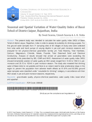 Seasonal and Spatial Variation of Water Quality Index of Bassi Tehsil of District Jaipur, Rajasthan, India