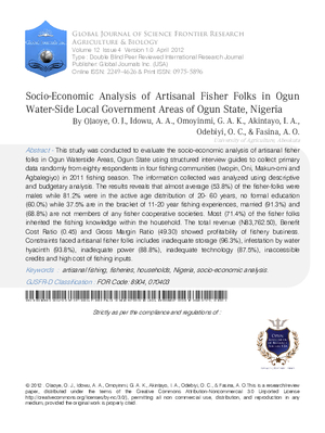 Socio-Economic Analysis of Artisanal Fisher Folks in Ogun Water-Side Local Government Areas of Ogun State, Nigeria