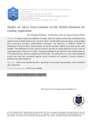 Studies on Alkyd Cross Linkable Acrylic Hybrid Emulsion for  Coating Application
