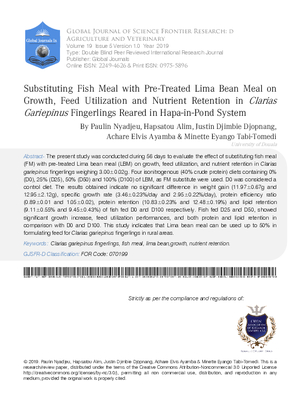 Substituting Fish Meal with Pre-Treated Lima Bean Meal on Growth, Feed Utilization and Nutrient retention in Clarias Gariepinus Fingerlings Reared in Hapa-in-Pond System