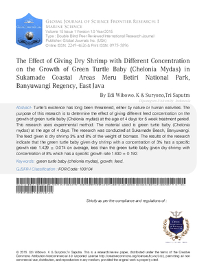 The Effect of Giving Dry Shrimp with Different Concentration on the Growth of Green Turtle Baby (Chelonia Mydas) in Sukamade Coastal Areas Meru Betiri National Park , Banyuwangi Regency, East Java