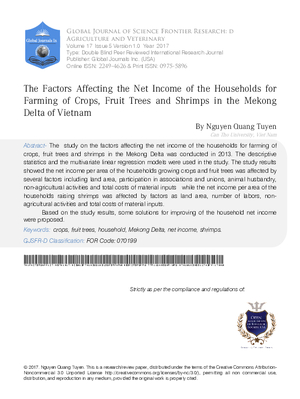 The Factors Affecting the Net Income of the Households for Farming of Crops, Fruit Trees and Shrimps in the Mekong Delta of Vietnam