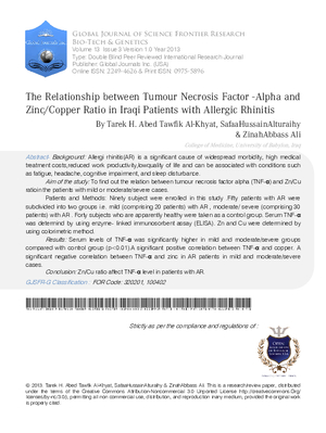 The Relationship between Tumour Necrosis Factor -Alpha and Zinc/Copper Ratio in Iraqi Patients with Allergic Rhinitis