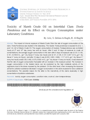 Toxicity of Mareb Crude Oil on Intertidal Clam Tivela Ponderosa and Its Effect on Oxygen Consumption under laboratory  Conditions