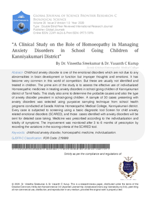 A Clinical Study on the Role of Homoeopathy in Managing Anxiety Disorders in School Going Children of Kanniyakumari District